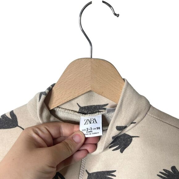 Zara 1/2 Zip Floral Sweater Dress Long Sleeve Mock Neck Ruffle Hem Tan 2-3 Years - Picture 5 of 5